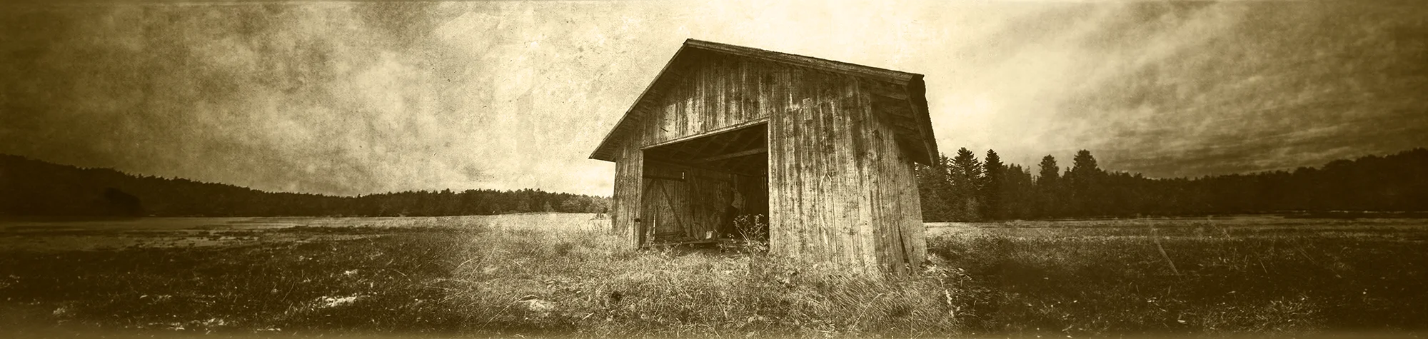 A wide panoramic banner showing a before and after comparison of a portrait transformed with a vintage old photo effect, including sepia tones and a soft vignette.