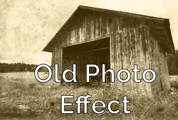 Photoshop tutorial thumbnail featuring the text "Old Photo Effect" over a portrait with a sepia-tinted, faded look and subtle paper texture.