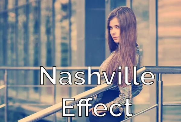 Photoshop tutorial thumbnail featuring the text "Instagram Nashville Filter" with a warm, vintage-style landscape photo.