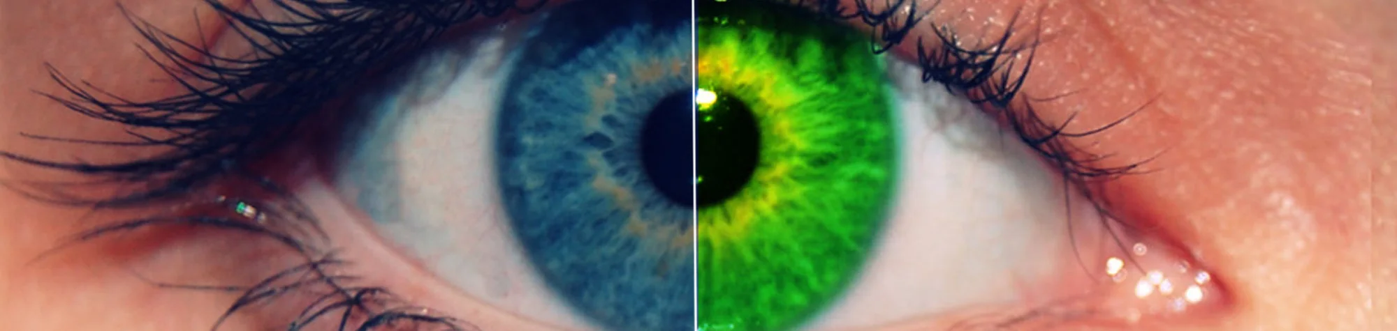A wide panoramic banner showing a side-by-side comparison of a close-up portrait where the model's eyes are changed from brown to a realistic emerald green using Photoshop.