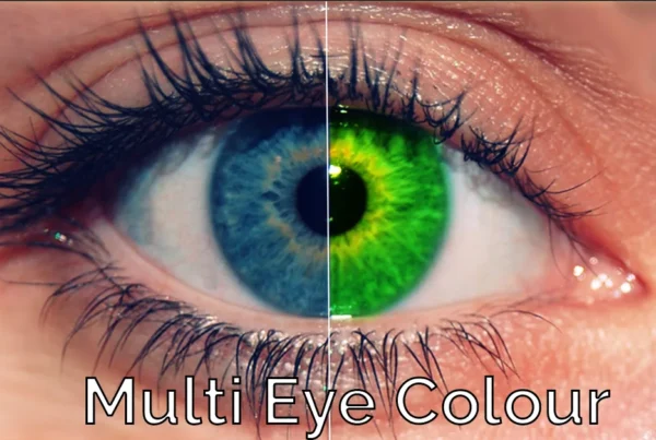 Photoshop tutorial thumbnail featuring the text "Change Eye Colour" over a multi-colored iris graphic showing blue, green, and hazel variations.