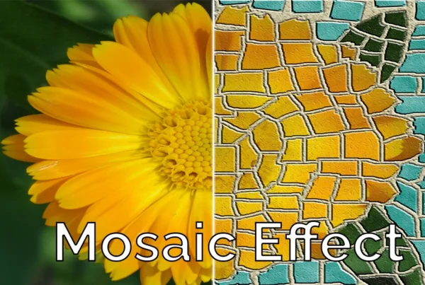 Photoshop tutorial thumbnail featuring the text "Mosaic FX" over a picture of a yellow flower where the background has been transformed into a blurred, multi-colored grid pattern.