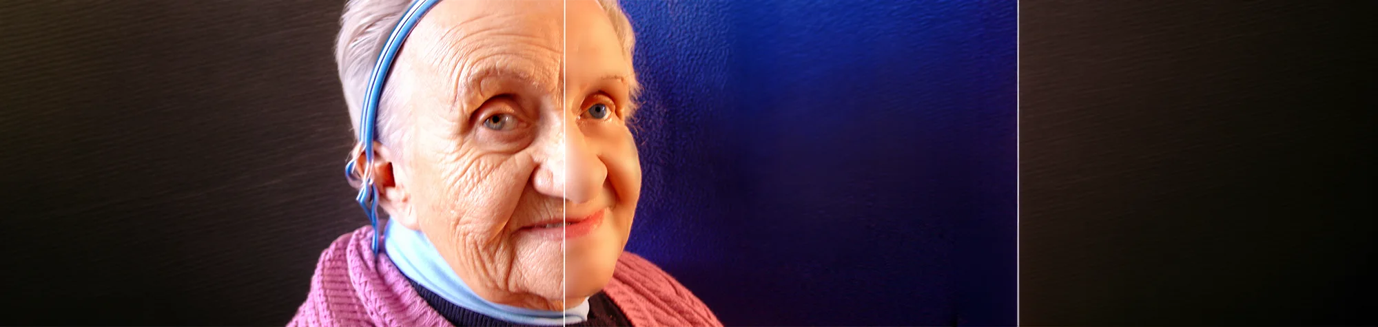 A wide panoramic banner showing a "Before and After" of a portrait; the "After" side shows subtle, realistic improvements to skin texture, reduced under-eye shadows, and softened forehead lines.