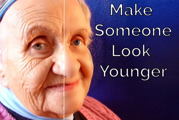 Photoshop tutorial thumbnail featuring the text "Youthful Glow" over a split-screen portrait that highlights the softening of laugh lines and the brightening of the skin's overall tone.