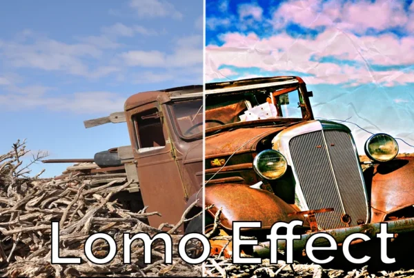 Photoshop tutorial thumbnail featuring the text "Lomo Style" over a old beat up truck portrait with orange-tinted highlights and a heavy circular vignette.