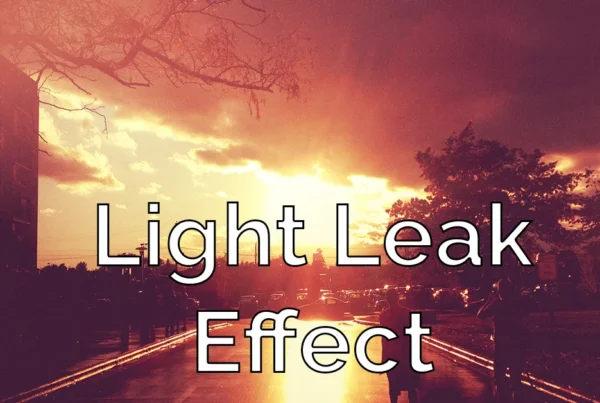 Photoshop tutorial thumbnail featuring the text "Light Leak FX" over a summery outdoor photo with a bright red and orange flare cutting across the corner.