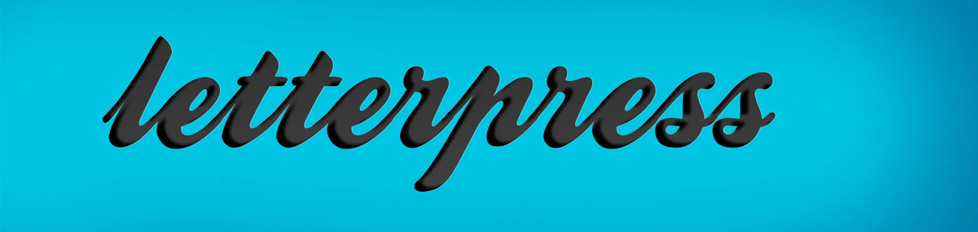 A wide panoramic display of a black letterpress effect on a vibrant cyan background, showing the recessed, stamped typography style created in Photoshop.