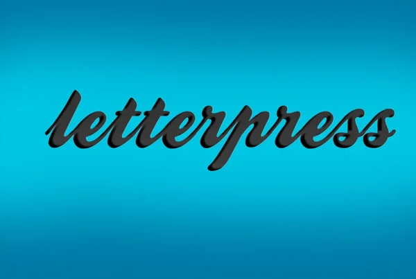 Photoshop tutorial thumbnail featuring the word "letterpress" in a dark, recessed font style against a bright blue gradient background.
