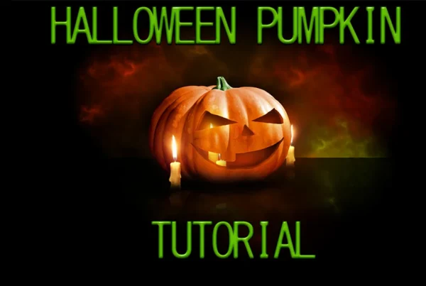 Photoshop tutorial thumbnail featuring the text "Halloween Pumpkin Effect" over a vibrant, glowing jack-o'-lantern in a dark forest setting.
