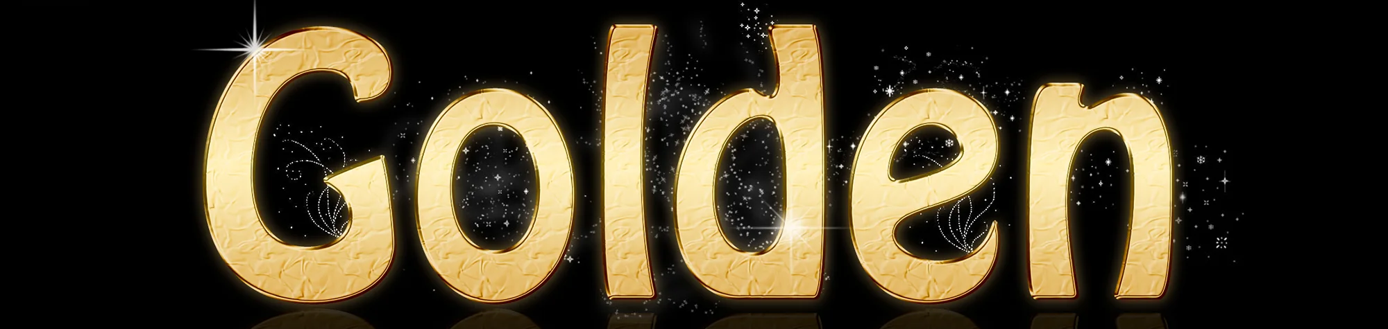 A wide panoramic banner displaying a luxurious golden text effect in Photoshop with sparkling particles and a soft reflection on a black background.
