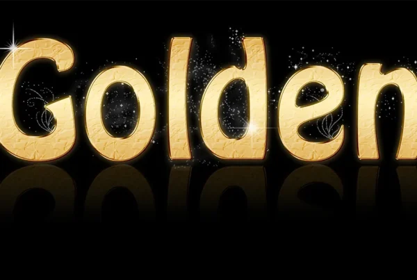 Photoshop tutorial thumbnail showing the word "Golden" in a shiny metallic 3D style with light flares and sparkles.