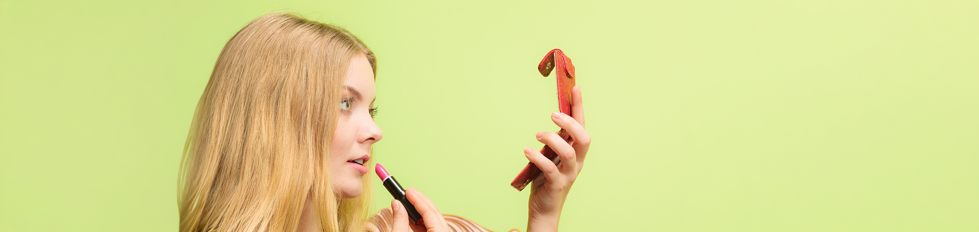 A wide panoramic banner showing a before and after comparison of a digital lipstick application in Photoshop, changing natural lips to a vibrant red.