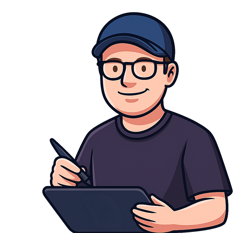 Cartoon‑style digital portrait of an artist using a drawing tablet, ideal for showcasing why clients choose to hire a Photoshop expert for custom graphics.