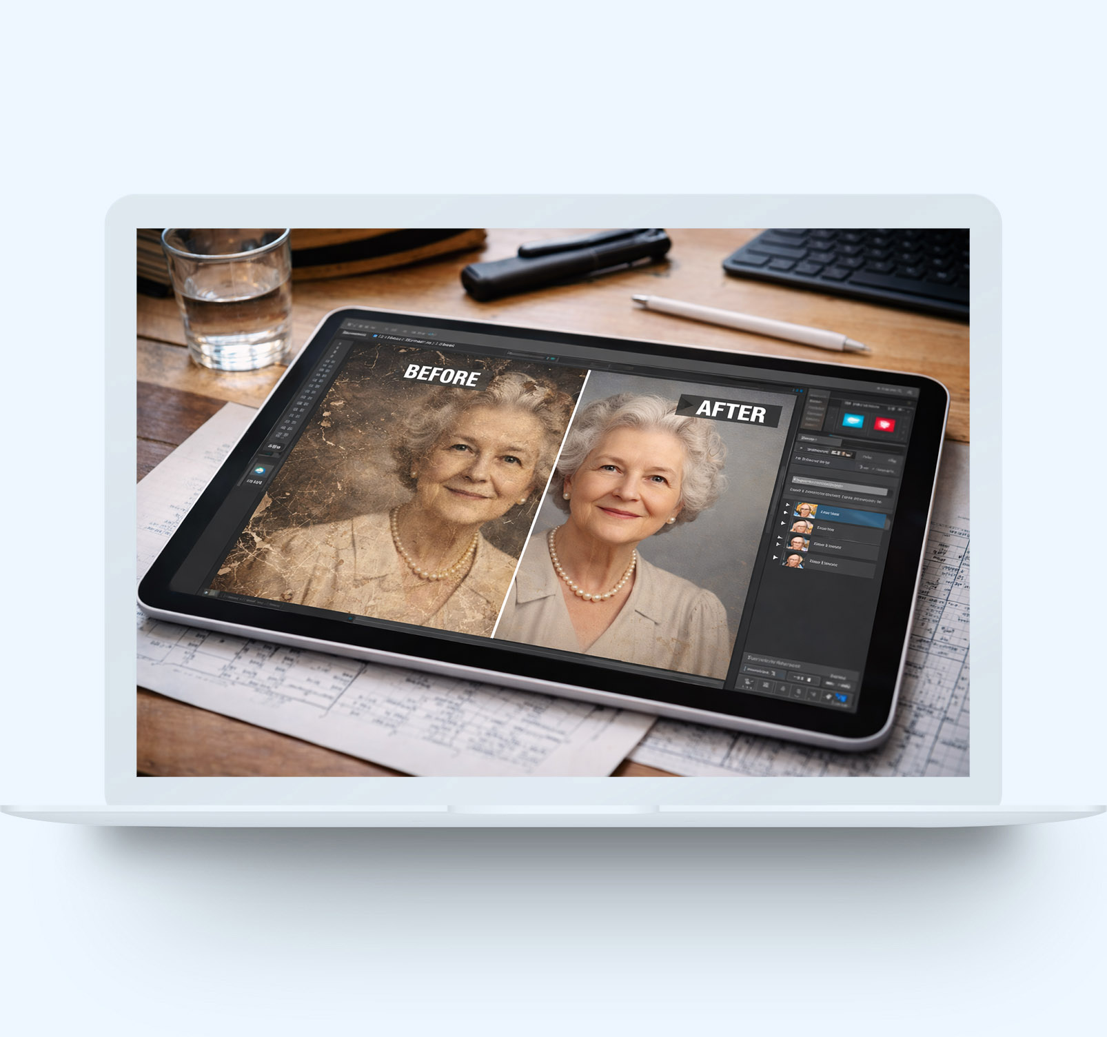 Tablet showing a before‑and‑after restoration of an old photograph, demonstrating why people choose to hire a Photoshop expert for professional image repair.