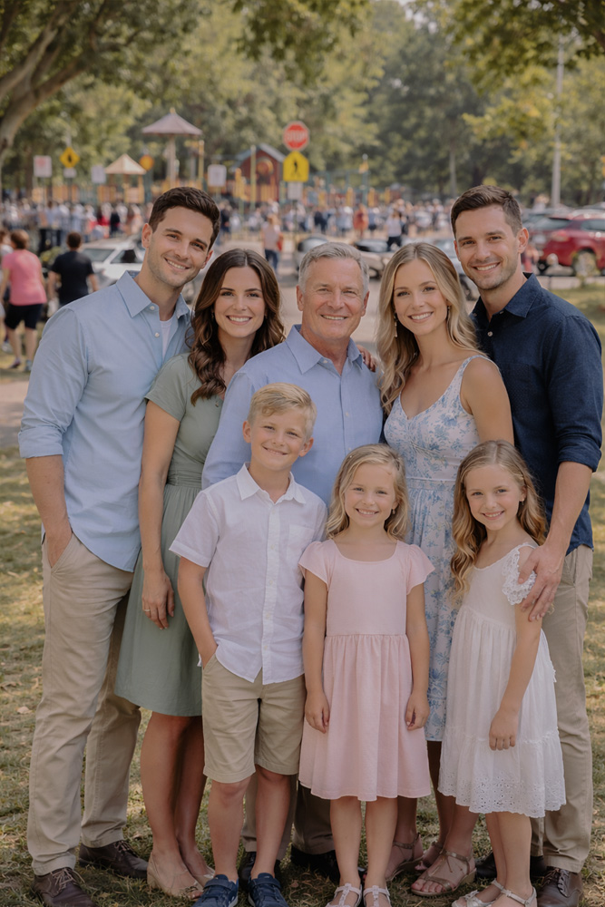 Faded outdoor wedding group portrait with four people, ideal for showcasing professional photo restoration services.