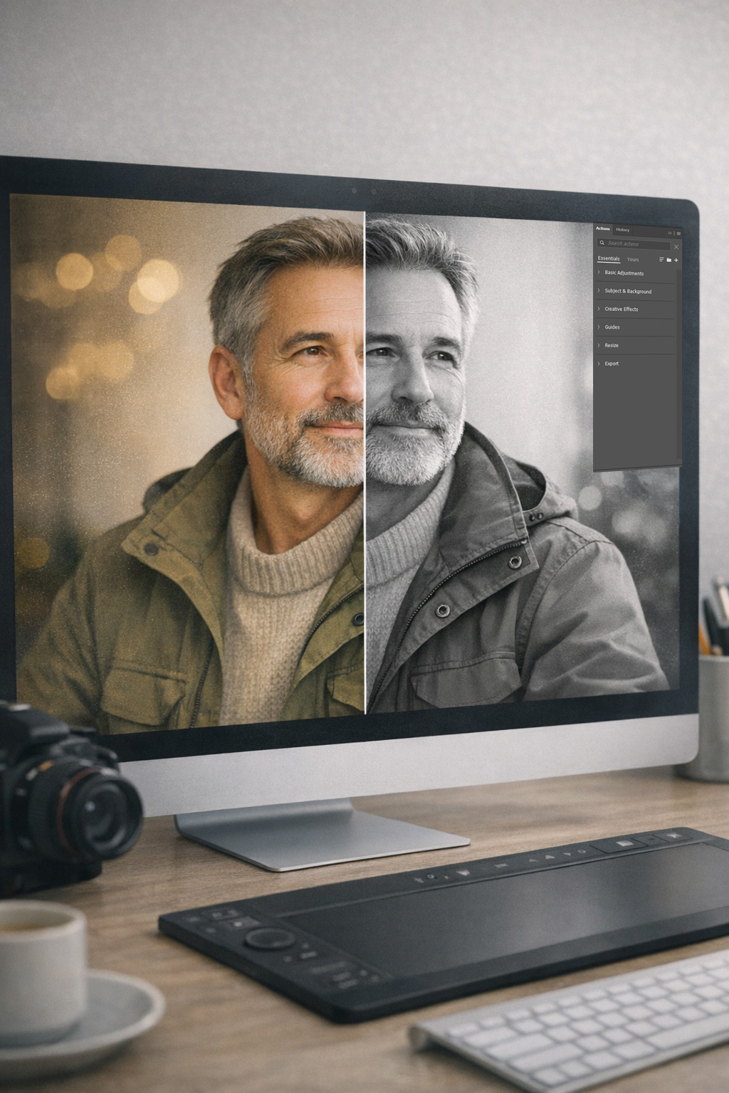 Before‑and‑after colour and black‑and‑white portrait edit for Free Photoshop resources.