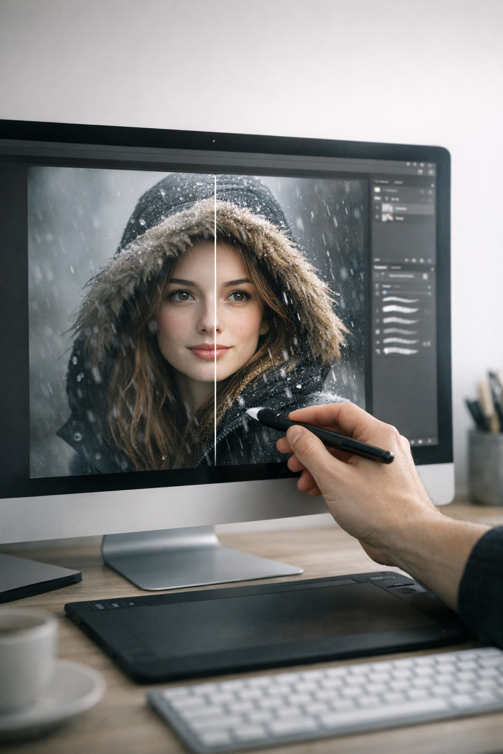 Before‑and‑after winter portrait retouching example for Free Photoshop resources.