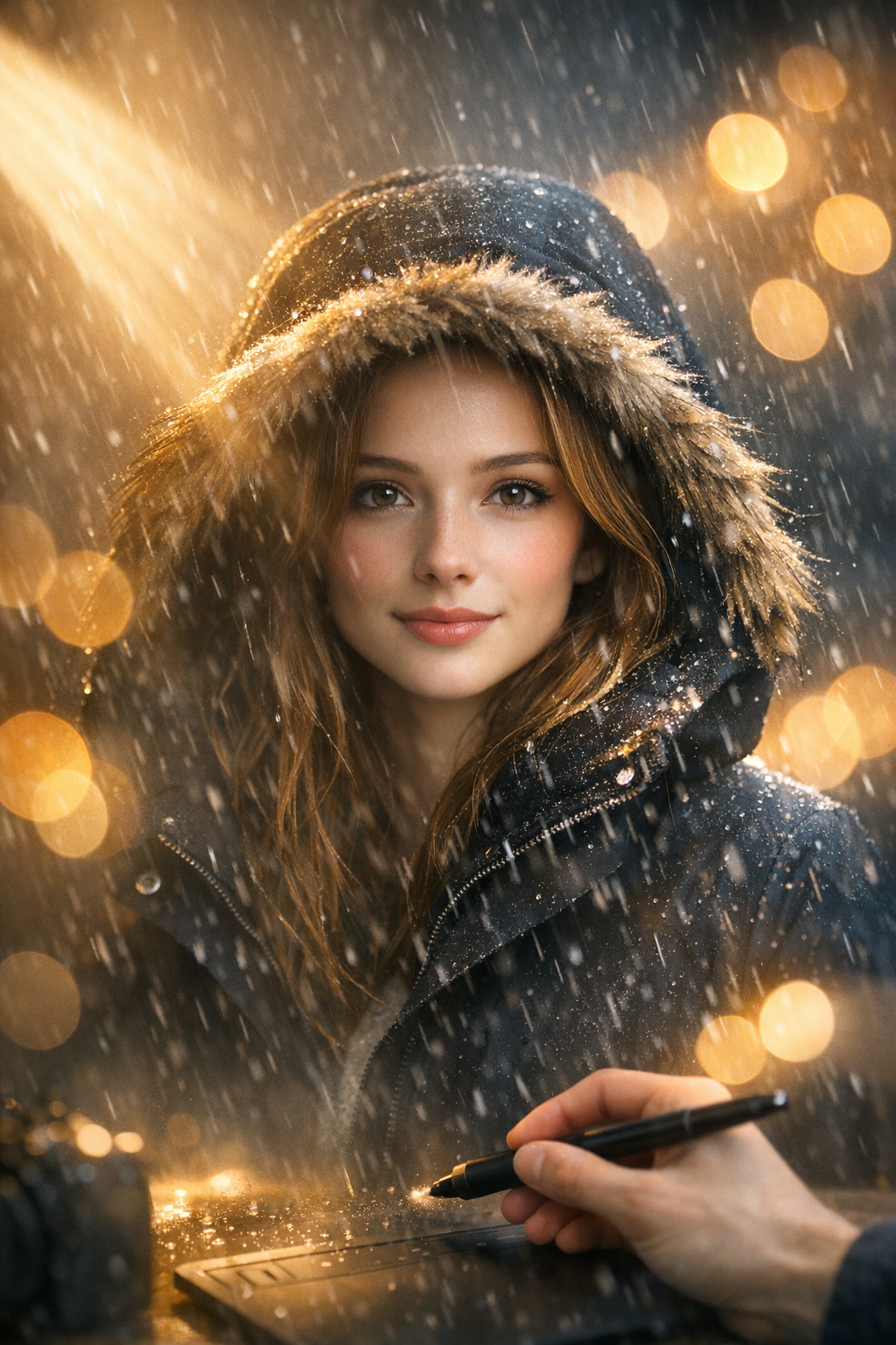 Digital artist editing a rainy outdoor scene, part of Free Photoshop resources.