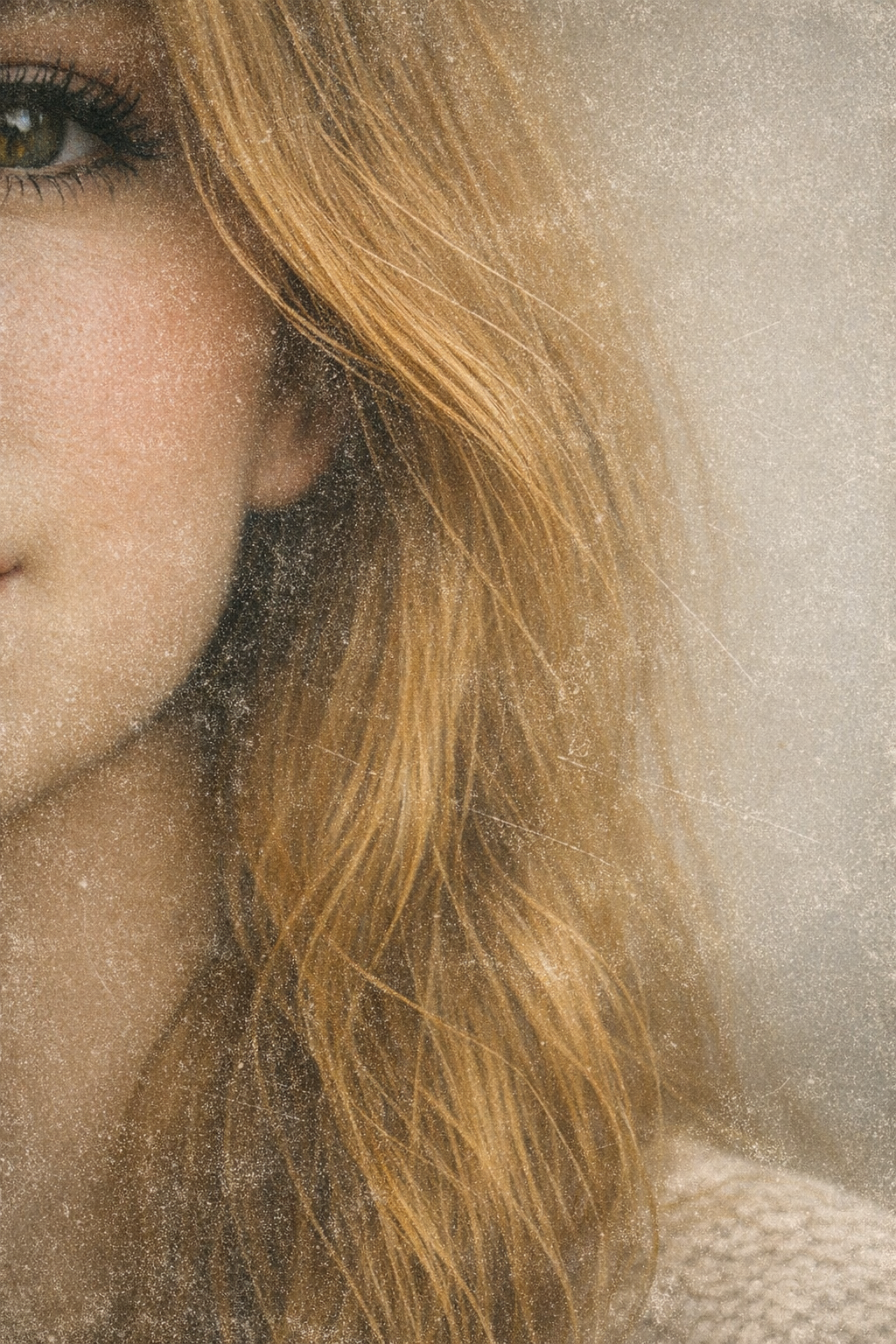 Close‑up portrait with vintage grain effect included in Free Photoshop resources.