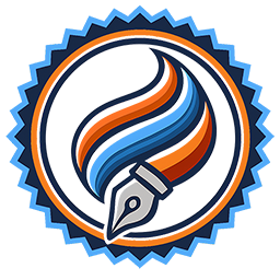 Certificate‑style seal featuring a pen nib and flame logo symbolising creativity and authenticity for a Photoshop Resource license.